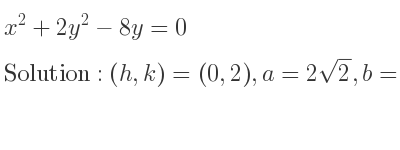 The solution to x^2+2y^2-8y=0 is Ellipse with (h,k)=(0,2),a=2sqrt(2),b=2